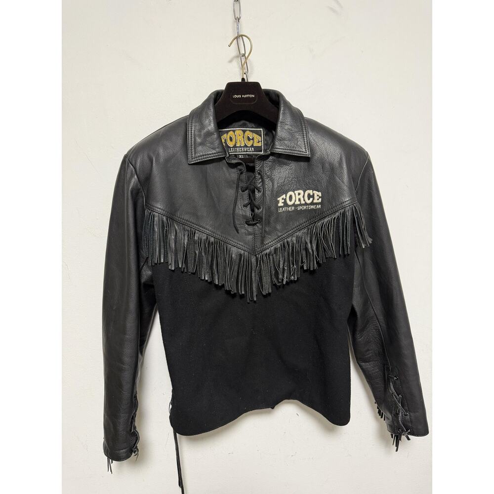 Force Leatherwear Jacket Mens XL Black Leather Fringe Western Biker Lace Up